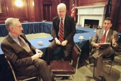 Senators James Jeffords, John McCain and Russ Feingold in the U.S. Capitol Mansfield Room discussing campaign finance reform, March 26, 2001